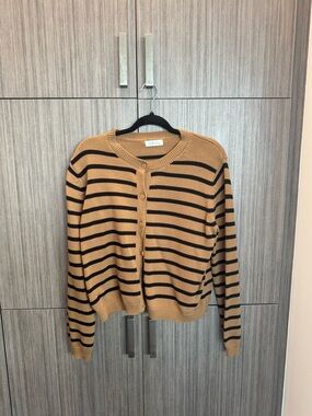 Striped Camel and Black Button-Front Women’s Sweater Cardigan